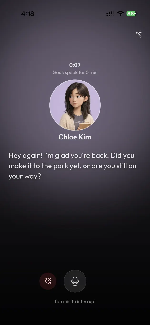 A live voice chat with an AloSpeak character, with a speaking goal and a tap-to-interrupt mic