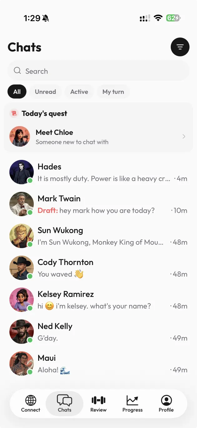 The AloSpeak chats list, full of characters to talk to